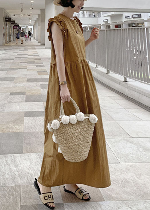Natural Khaki Scallop Trim Cotton Maxi Dress Summer