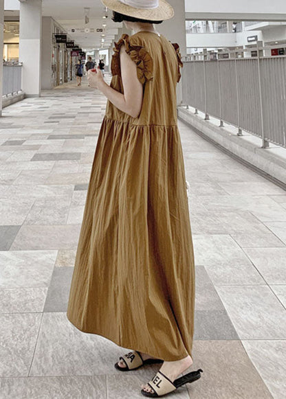 Natural Khaki Scallop Trim Cotton Maxi Dress Summer