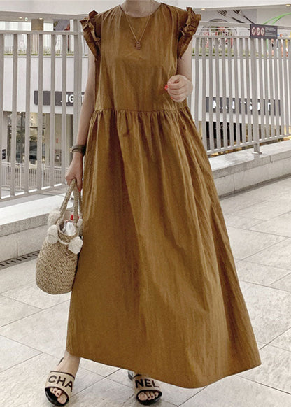 Natural Khaki Scallop Trim Cotton Maxi Dress Summer