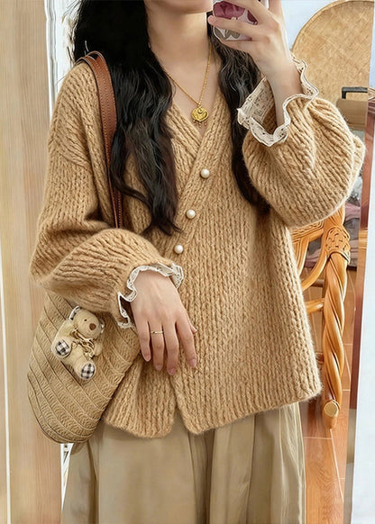 Natural Khaki V Neck Cozy Cotton Knit Cardigan Spring