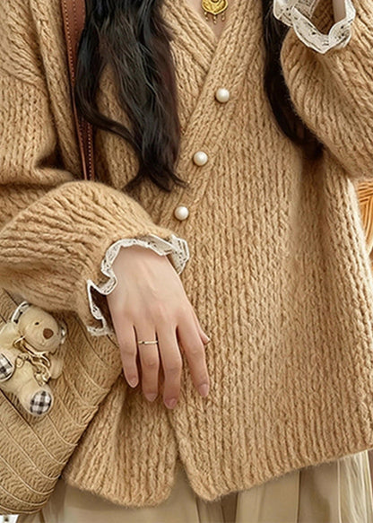 Natural Khaki V Neck Cozy Cotton Knit Cardigan Spring