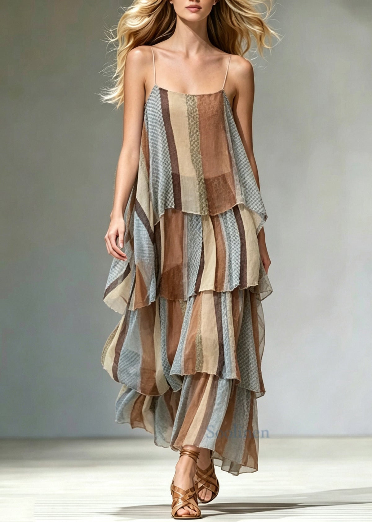 Natural Layered Striped Chiffon Spaghetti Strap Dress Summer