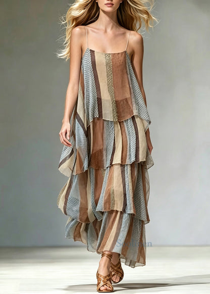 Natural Layered Striped Chiffon Spaghetti Strap Dress Summer