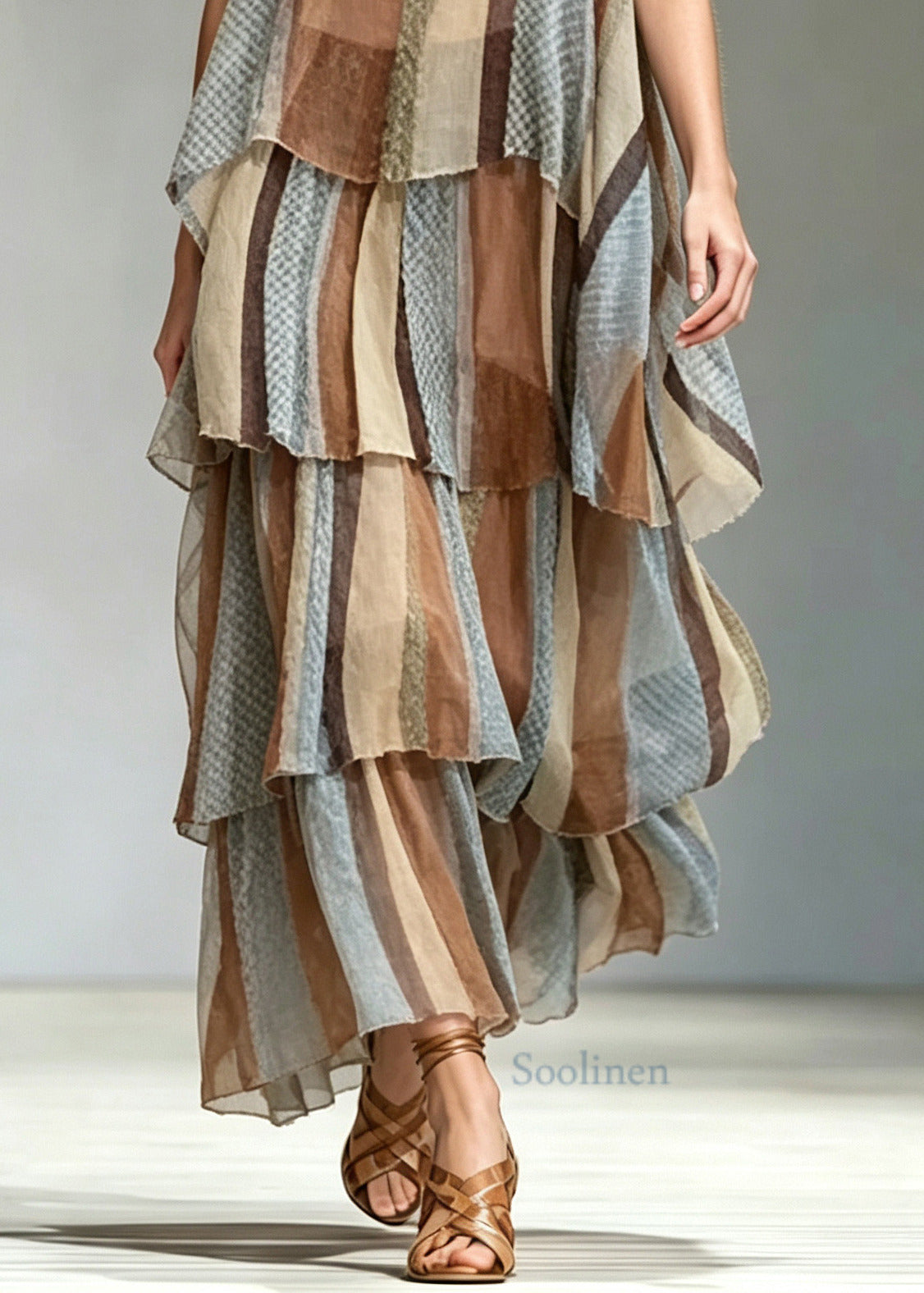 Natural Layered Striped Chiffon Spaghetti Strap Dress Summer