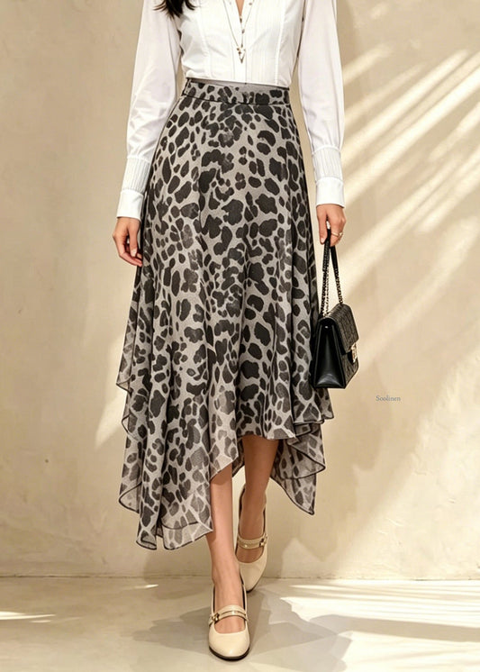 Natural Leopard High Waist Chiffon Maxi Skirt Summer