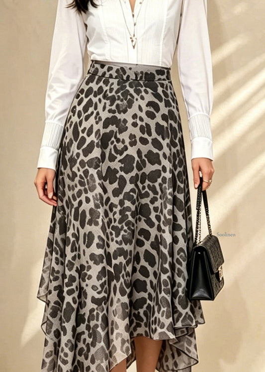 Natural Leopard High Waist Chiffon Maxi Skirt Summer