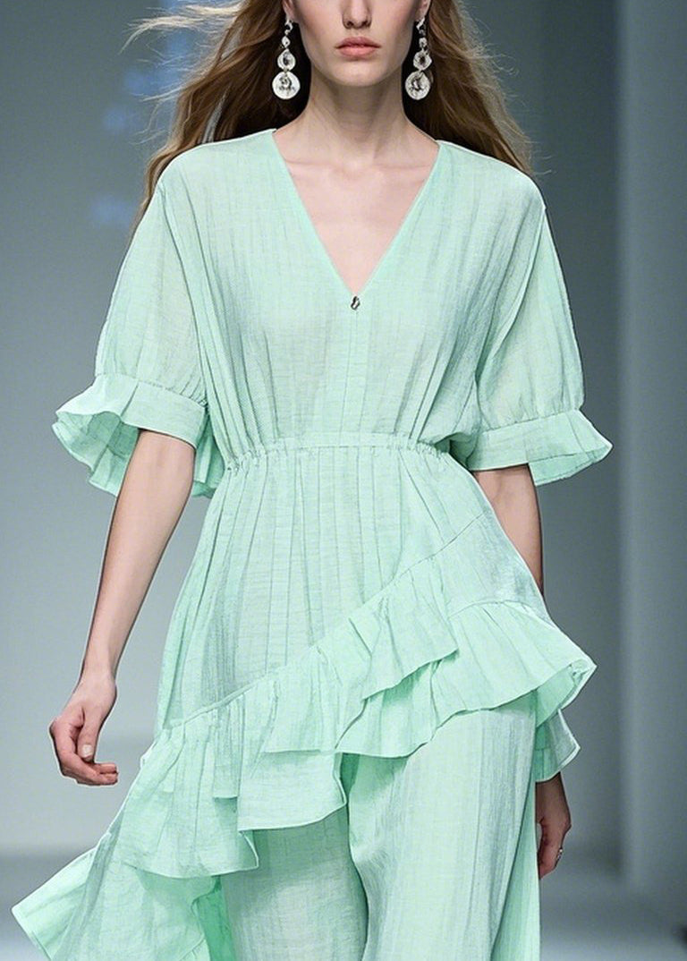 Natural Light Green Asymmetrical Ruffles Cotton Dresses Summer