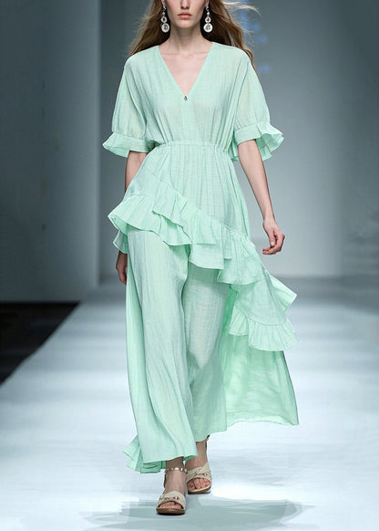Natural Light Green Asymmetrical Ruffles Cotton Dresses Summer