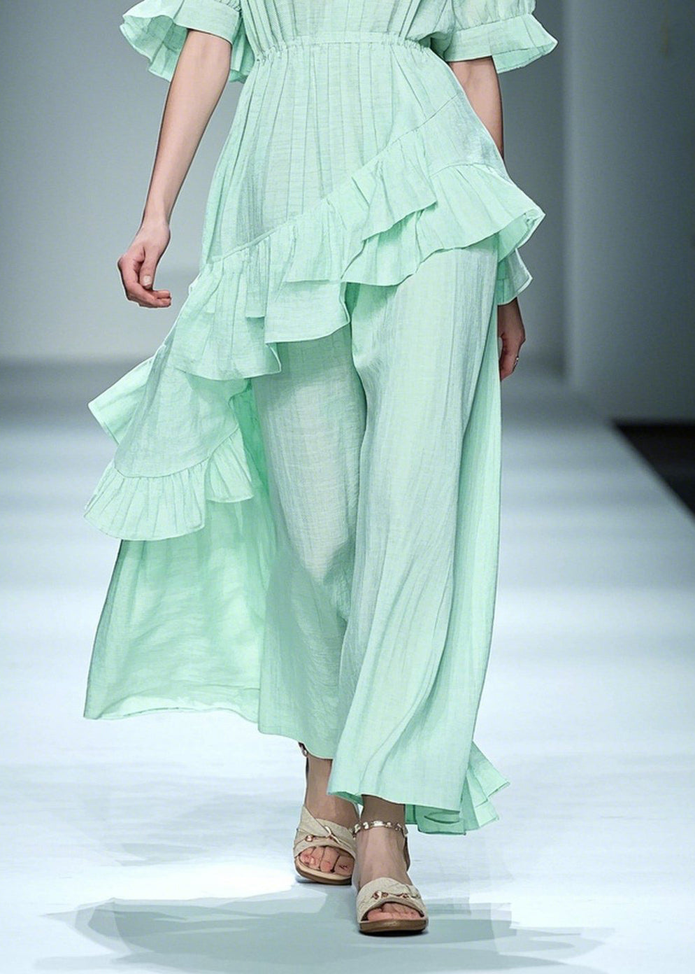 Natural Light Green Asymmetrical Ruffles Cotton Dresses Summer