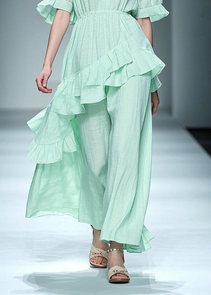 Natural Light Green Asymmetrical Ruffles Cotton Dresses Summer