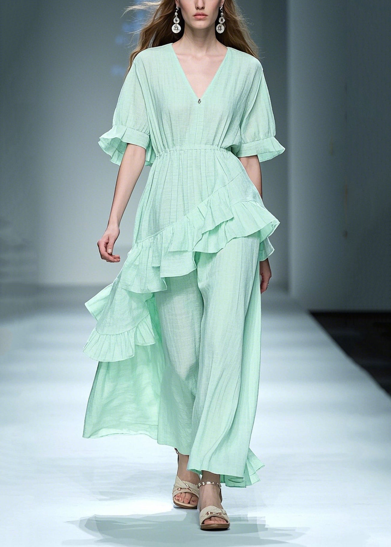 Natural Light Green Asymmetrical Ruffles Cotton Dresses Summer