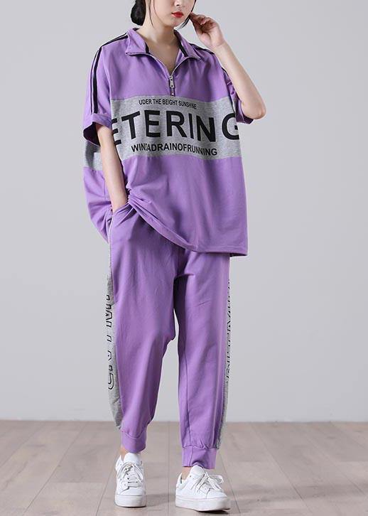 Natural Light Purple Graphic zippered Two Pieces Set Summer Cotton - SooLinen