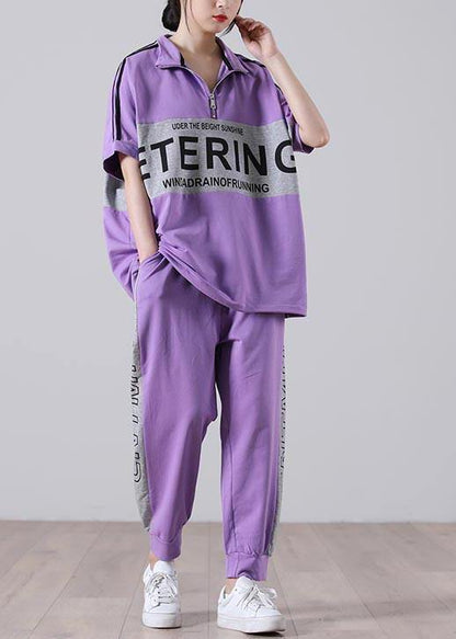 Natural Light Purple Graphic zippered Two Pieces Set Summer Cotton - SooLinen