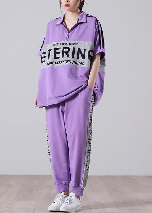 Natural Light Purple Graphic zippered Two Pieces Set Summer Cotton - SooLinen