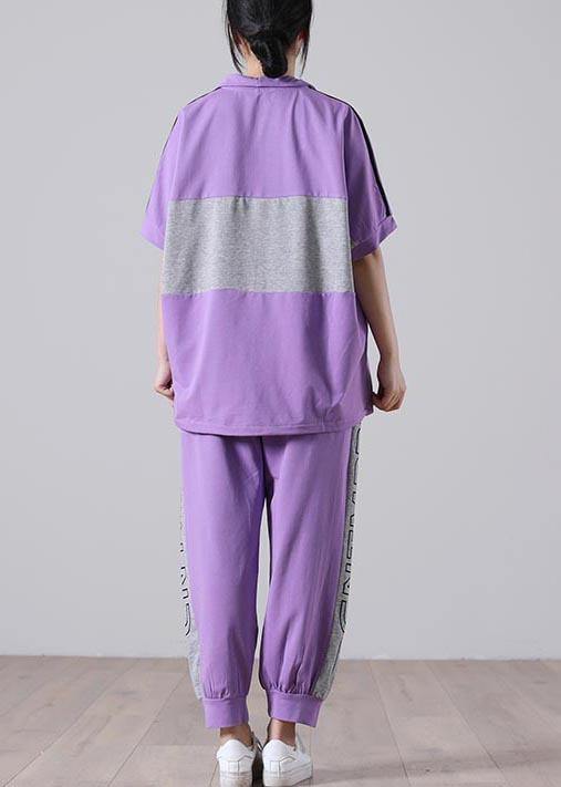 Natural Light Purple Graphic zippered Two Pieces Set Summer Cotton - SooLinen