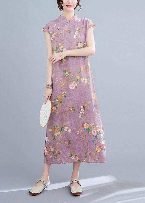Natural Light Purple Print Button Oriental Mid Dress Summer Cotton Dress - SooLinen
