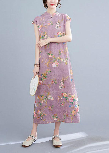 Natural Light Purple Print Button Oriental Mid Dress Summer Cotton Dress - SooLinen
