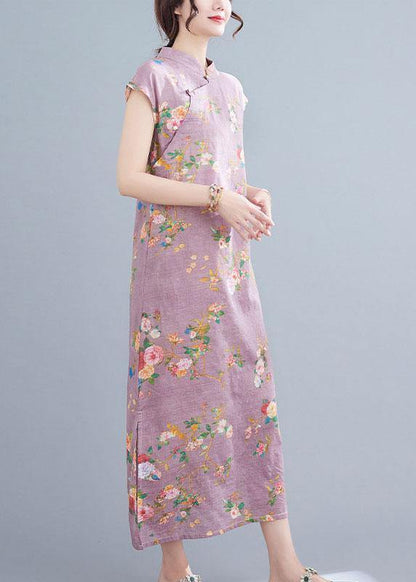 Natural Light Purple Print Button Oriental Mid Dress Summer Cotton Dress - SooLinen
