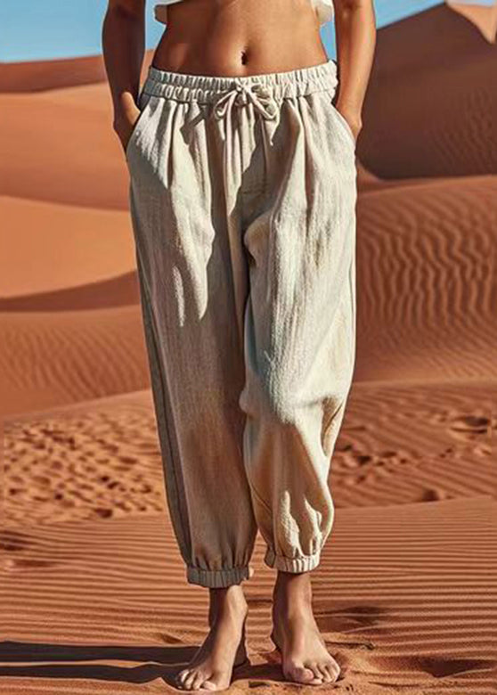 Natürliche Leinentaschen Patchwork Elastische Taille Crop Pants