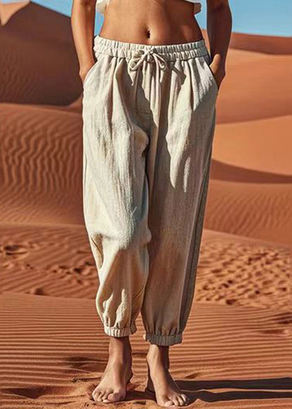 Natürliche Leinentaschen Patchwork Elastische Taille Crop Pants