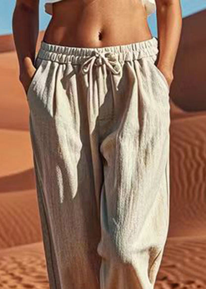 Natürliche Leinentaschen Patchwork Elastische Taille Crop Pants
