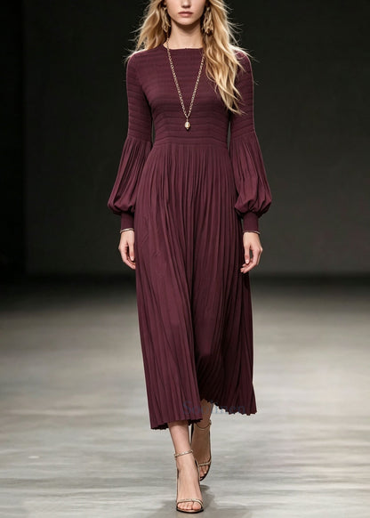Natural Mulberry O-Neck Wrinkled Cotton Long Dress Lantern Sleeve