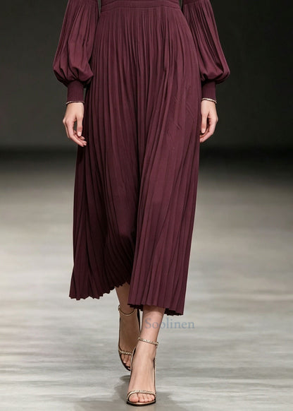 Natural Mulberry O-Neck Wrinkled Cotton Long Dress Lantern Sleeve