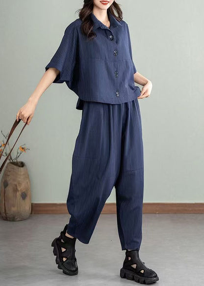 Natural Navy Oversized Cotton Women Sets 2 Pieces Summer