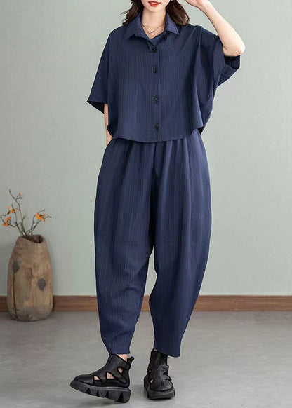Natural Navy Oversized Cotton Women Sets 2 Pieces Summer