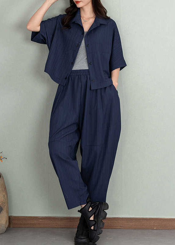 Natural Navy Oversized Cotton Women Sets 2 Pieces Summer