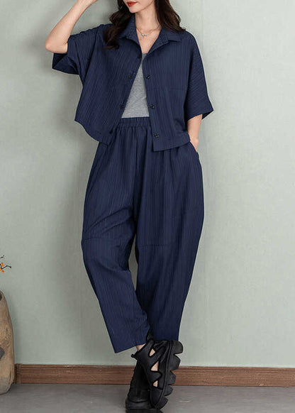 Natural Navy Oversized Cotton Women Sets 2 Pieces Summer