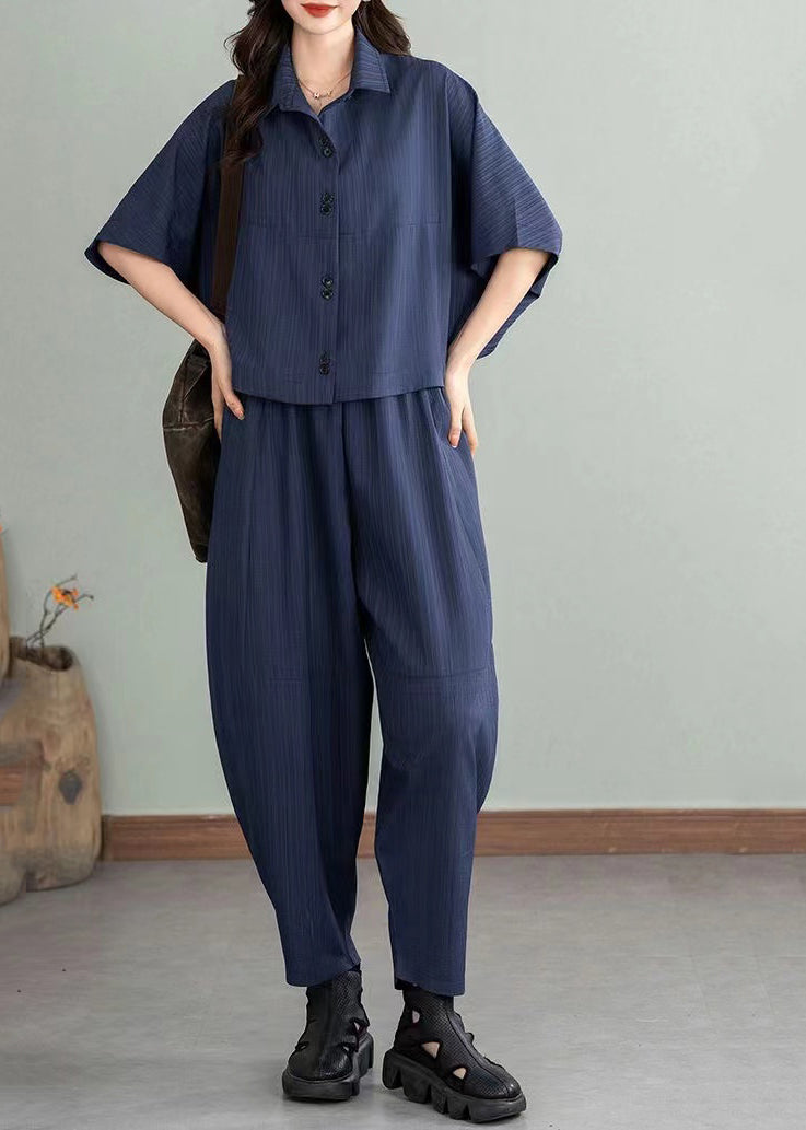 Natural Navy Oversized Cotton Women Sets 2 Pieces Summer