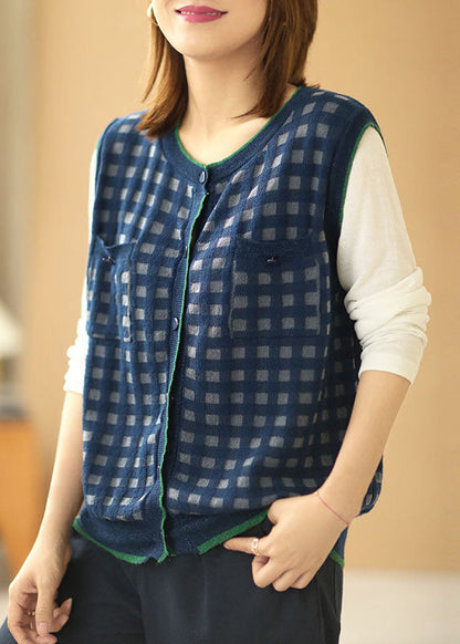 Natürliche, marineblaue Weste mit karierten Knopftaschen und ärmellosen Herbst-Westen