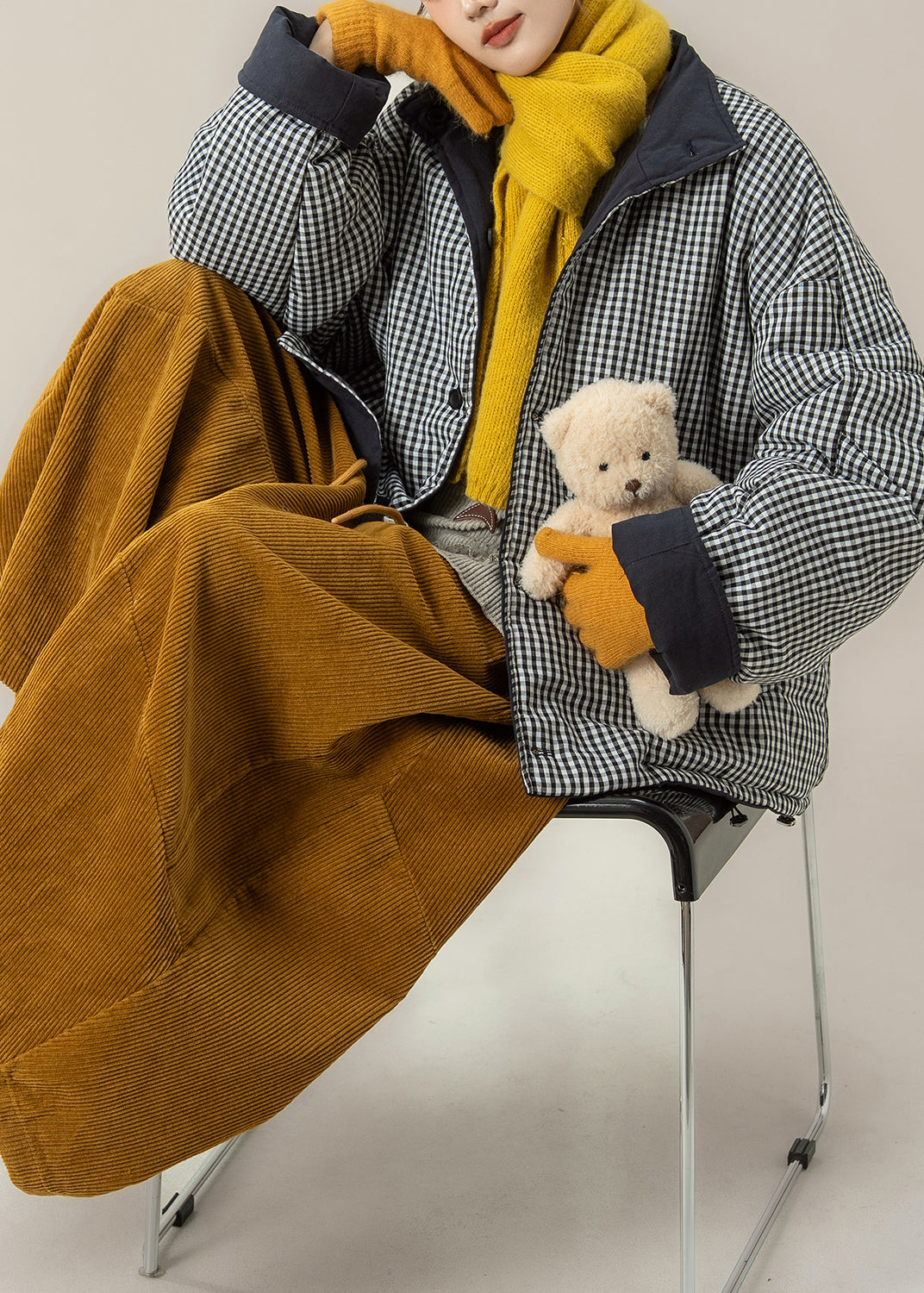 Naturblau kariert, beidseitig tragbar, feine Baumwollfüllung, Winterjacke