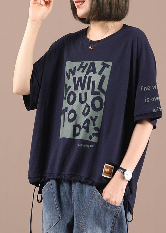 Natural Navy Print Graphic Regular Summer Half Sleeve T Shirts - SooLinen