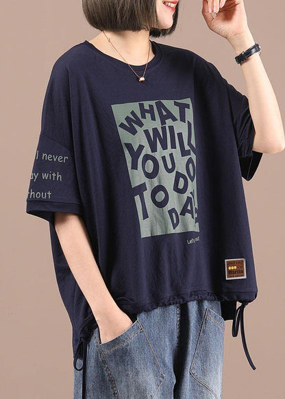 Natural Navy Print Graphic Regular Summer Half Sleeve T Shirts - SooLinen