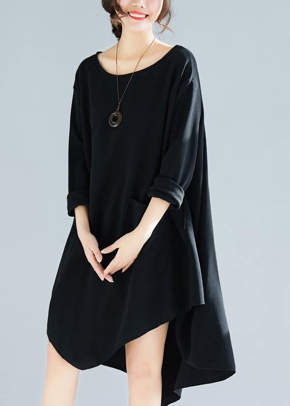 Natural O Neck Asymmetric Tunic Dress Fabrics Black Maxi Dresses - SooLinen