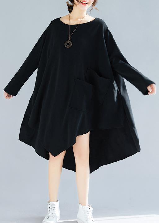 Natural O Neck Asymmetric Tunic Dress Fabrics Black Maxi Dresses - SooLinen