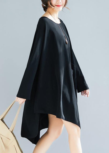 Natural O Neck Asymmetric Tunic Dress Fabrics Black Maxi Dresses - SooLinen