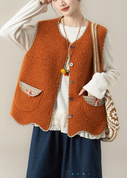 Naturorangefarbenes, asymmetrisches zweiteiliges Set aus Weste und Oberteil aus Kunstpelz mit Rundhalsausschnitt – ideal für den Winter