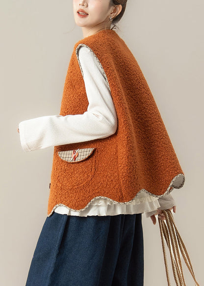 Naturorangefarbenes, asymmetrisches zweiteiliges Set aus Weste und Oberteil aus Kunstpelz mit Rundhalsausschnitt – ideal für den Winter