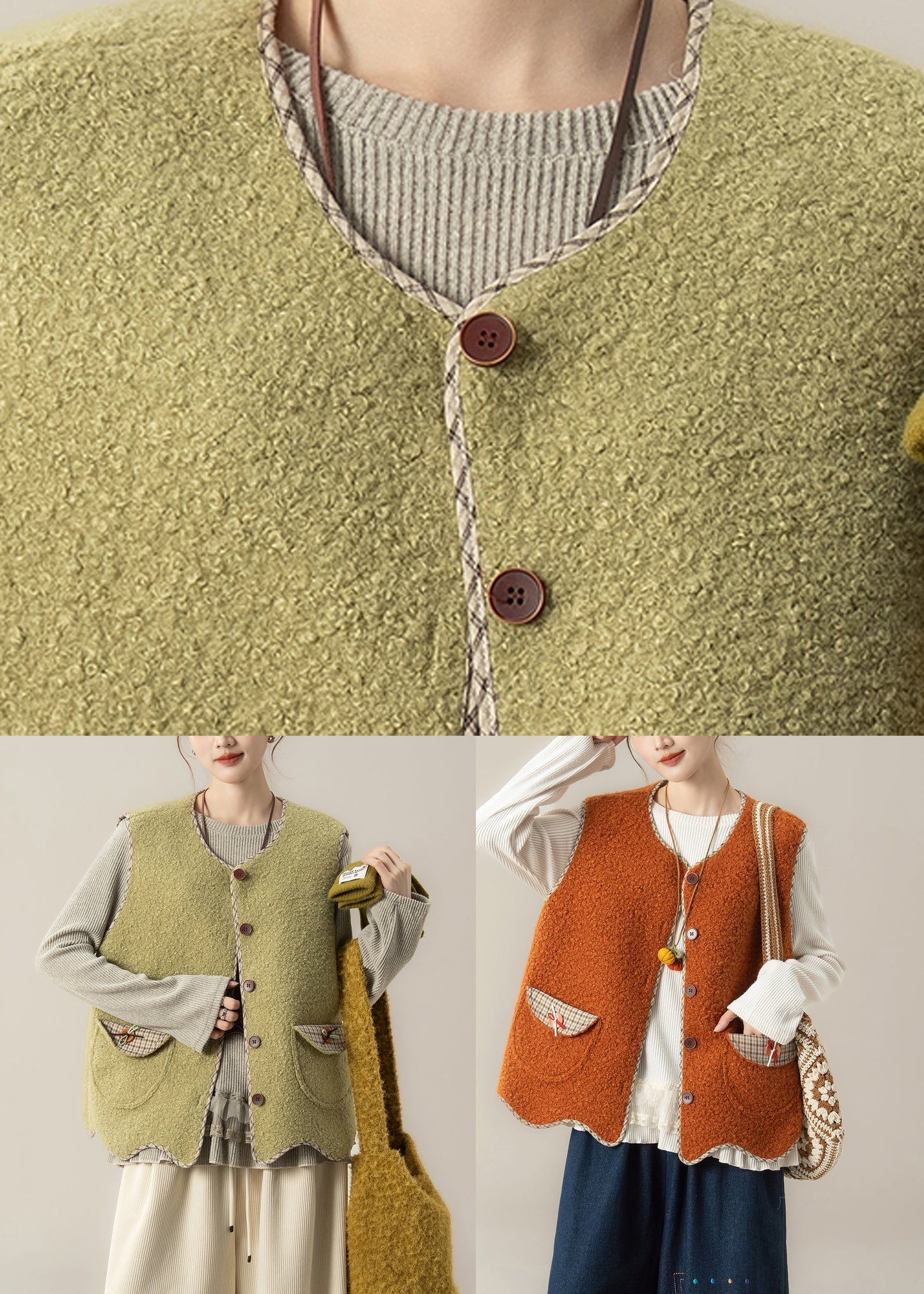 Naturorangefarbenes, asymmetrisches zweiteiliges Set aus Weste und Oberteil aus Kunstpelz mit Rundhalsausschnitt – ideal für den Winter