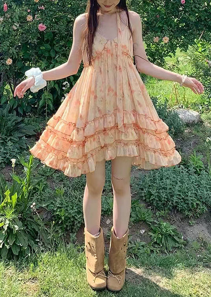 Natural Orange Print Chiffon Vacation Dress Summer