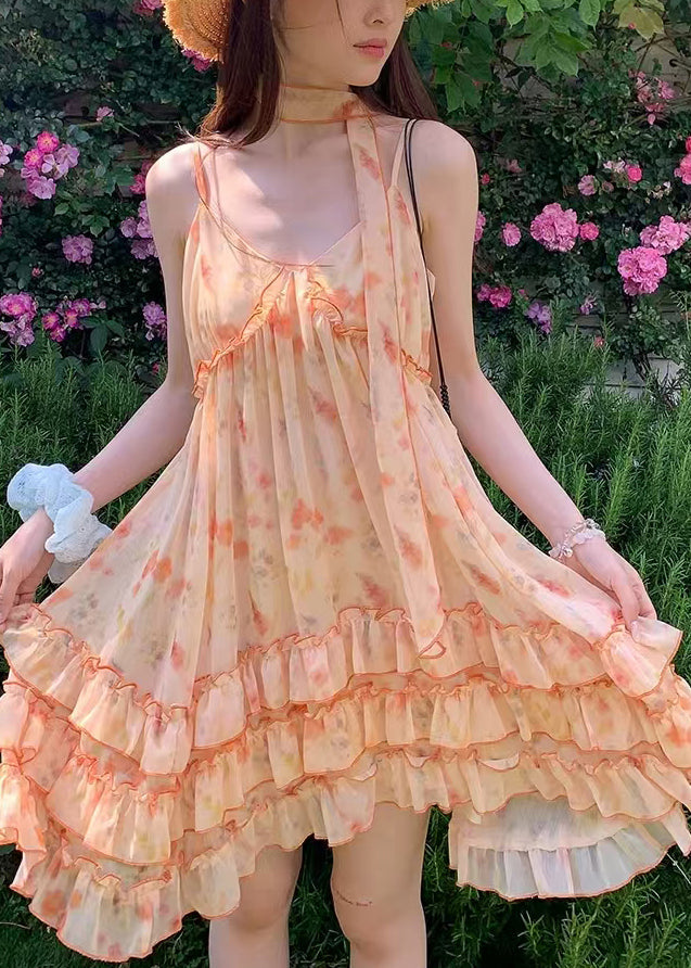 Natural Orange Print Chiffon Vacation Dress Summer