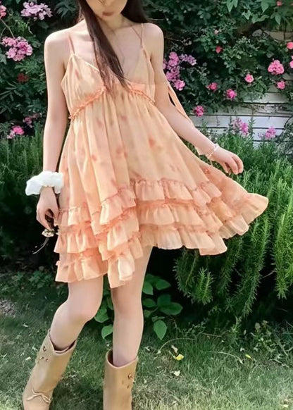 Natural Orange Print Chiffon Vacation Dress Summer