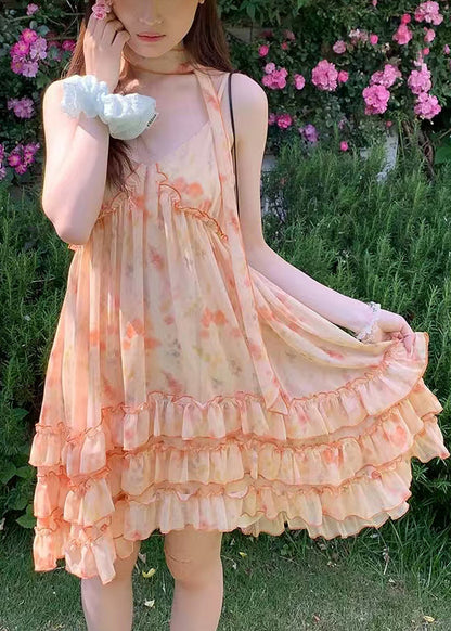 Natural Orange Print Chiffon Vacation Dress Summer