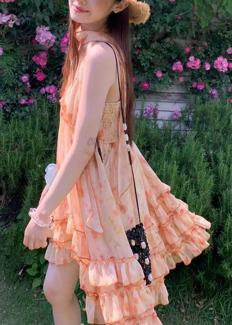Natural Orange Print Chiffon Vacation Dress Summer