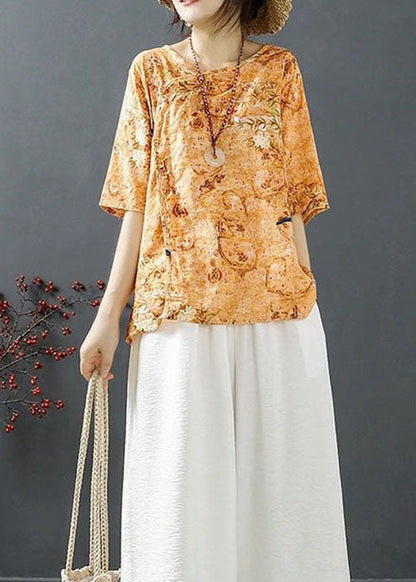 Natürlicher orangefarbener Print, niedriges, hohes Design, Tops mit halben Ärmeln