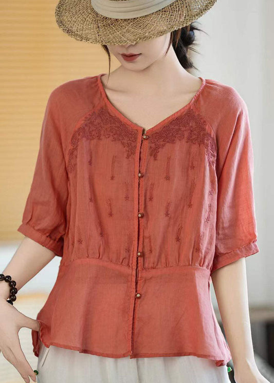 Natural Orange V Neck Embroidered Linen Top Summer