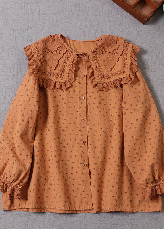 Natural Peter Pan Collar Print Cotton Shirts Spring